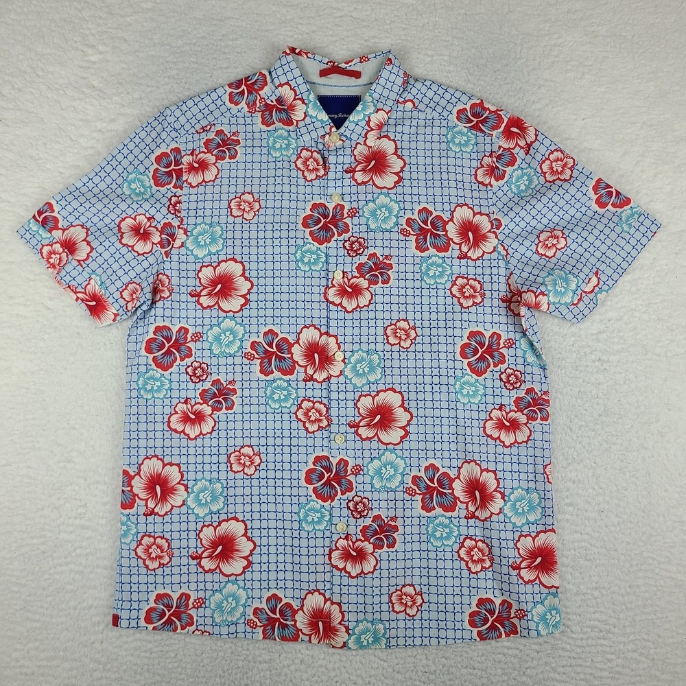Tommy Bahama Shirt Mens Medium Blue Red Island Modern‎ Fit Hawaiian Button Up